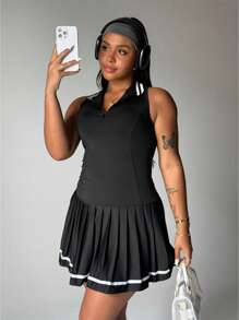 Rhythm Era Women Striped Collar Zipper Half Placket Back-Strap Sports Dress - Black - View 4