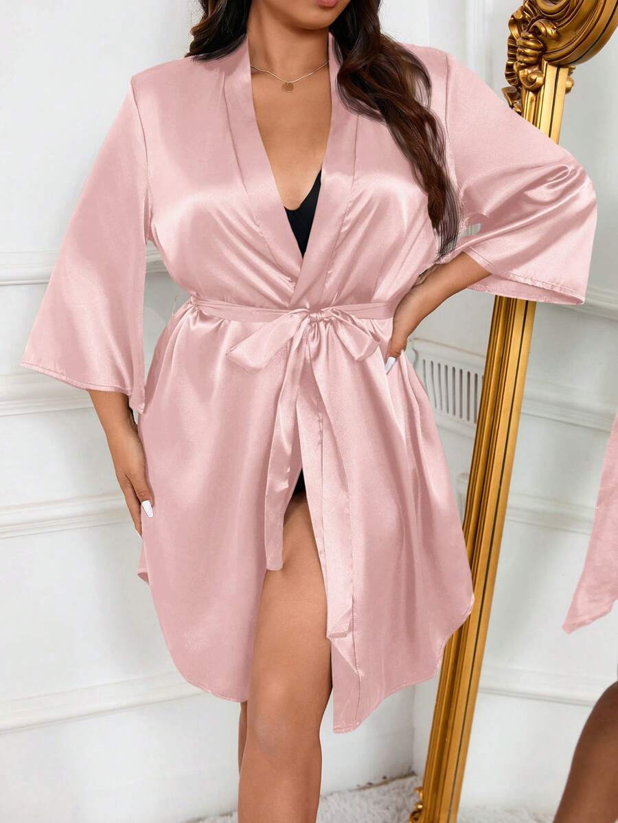 Plus Size Women's Solid Color 3/4 Sleeve Arched Faux Silk Robe Luxe Loungewear, For Fall