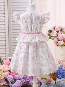 SHEIN Young Girls' Ditsy Floral Ruffle Trim Flared Cap Sleeve Cute Princess Party Dress, Spring/Summer - Multicolor - View 2