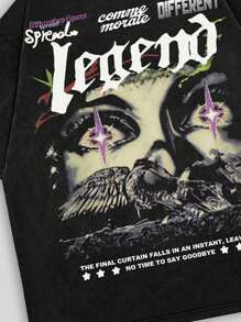 ROMWE MEN Street Life 男士休闲标语和人物印花短袖 T 恤 - 黑色 - 查看 5