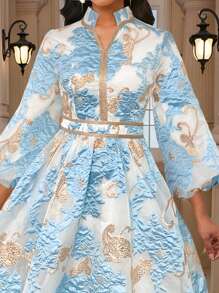 SHEIN Lady Váy dài tay đèn lồng họa tiết hoa jacquard dành cho nữ, trang trọng, thanh lịch, dự tiệc cưới, tiệc Four Seasons Old Money Festival - Màu xanh nhạt - Xem 6