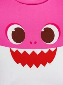 BABY SHARK X SHEIN 女婴卡通鲨鱼印花可爱休闲短袖T恤搭配粉色薄纱蝴蝶裙 - 粉色 - 查看 4