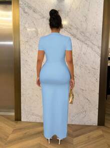 SHEIN SXY Women Deep V-Neck Ruched Short Sleeve Bodycon Mini Dress