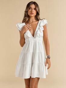 SHEIN BAE Spring/Summer Solid White Linen V-Neck Short Sleeve Fitted Mini Dress, Vacation Dress, White Dress, Graduation & Back To School Dress,Graduation Dresses,Valentine's Day,Valentine Outfits For Women - White - View 3