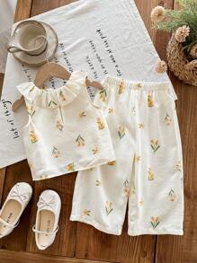 SHEIN LMoss Kids Babygirl 花卉印花荷叶边无袖上衣和松紧腰裤两件套套装，夏季度假 - 彩色 - 查看 2