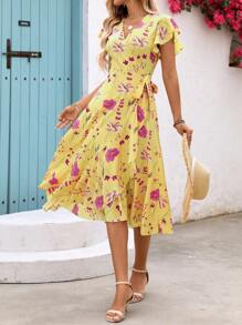 Breezaya Vestido midi estilo envolvente con estampado floral para mujeres