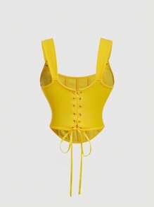 SHEIN MOD Bow Front Tie Back Yellow Corset Tank Top, Holiday, New Year's Eve, Tank Top For Going Out, Thanksgiving - Yellow - View 2