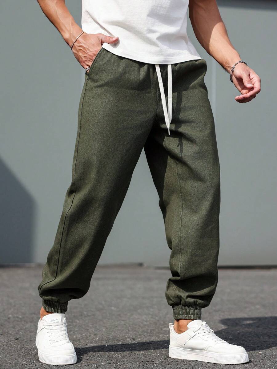 Manfinity Homme 男士休闲抽绳腰锥形牛仔裤 - 軍綠色 - 查看 1