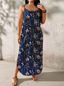 SHEIN LUNE Plus Size Women Textured Leaf Print Vacation Dress, Suitable For Summer,Sun Dresses For Women Chic Dress - Blue - View 6