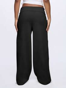 SUMWON WOMEN 超柔软阔腿休闲裤高腰宽松运动瑜伽健身裤带侧袋休闲日常舒适 - 黑色 - 查看 2