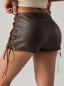 SHEIN ICON Women Retro Criss-Cross Tie-Up Shorts - Brown - View 2