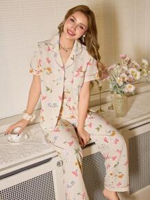 CottageSlumber 花卉印花翻领短袖长裤睡衣套装，适合夏季假日季女士穿着，丰富的花卉图案，舒适优雅的细节 - 彩色 - 查看 6