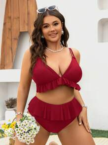 Swim Vcay Bộ bikini viền bèo nhún màu trơn cỡ lớn cho nữ - Màu Đỏ Sâu - Xem 5