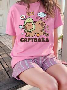 Young Girl Basic Cartoon Letter Print Short Sleeve T-Shirt - Pink - View 1