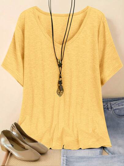 EMERY ROSE Plus Size Women V-Neck Short Sleeve Casual Loose T-Shirt