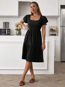 EURMUSE Rochie mini de vacanță, cu mânecă scurtă, cu guler pătrat și tiv cu volane, culoare solidă