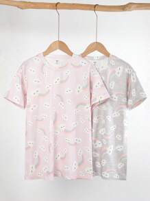 2 Pcs Girls Rainbow Cloud Cute Simple Colorful Rainbow Print Short Sleeve Nightgown Pajama Set, Casual Loungewear For Tween Girls - Baby Pink - View 1