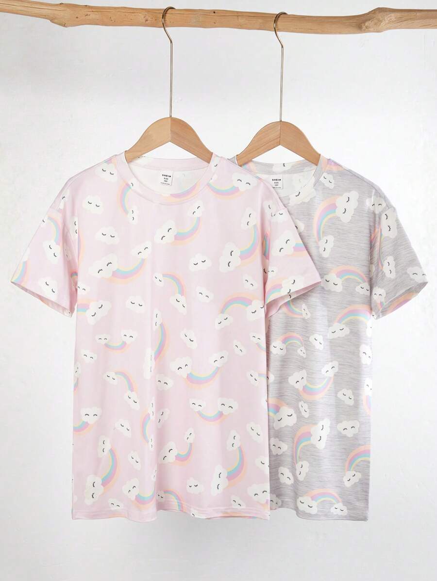 2 Pcs Girls Rainbow Cloud Cute Simple Colorful Rainbow Print Short Sleeve Nightgown Pajama Set, Casual Loungewear For Tween Girls - Baby Pink - View 1