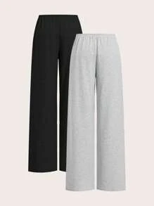 SHEIN EZwear Two-Piece Set Lightweight Knitted Wide Leg Pants For Women, Two-Tone Color, Casual, Summer Outfits , Beach Holiday - Black - View 2