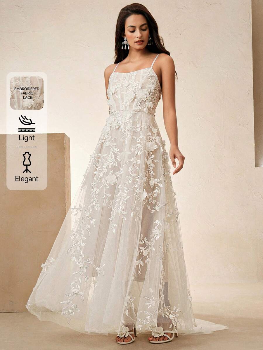 Anewsta Elegant Beaded Embroidery Floral Lace-Up Maxi Dress For Wedding Guest, Romantic Party Banquet Spring/Summer Outfits - White - View 1