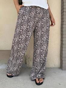 Dazy Plus Elastic Waist Loose Straight Leg Leopard Print Casual Pants, Spring/Summer - Black - View 6