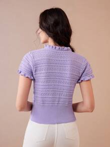 SHEIN Unity 女士时尚百搭复古柔软风格纯色蝴蝶结短袖针织开衫 - 紫色 - 查看 3