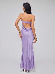 Roylia 女士时尚优雅性感提花缎面露背连衣裙，修身晚礼服，春夏 - 紫色 - 查看 2