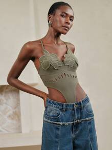 SHEIN LUNE Women Halterneck Form-Fitting Flower Embroidered Top Stretchy Sexy Camisole Bodysuit,Green Top,Summer Outfits For Women - Army Green - View 7