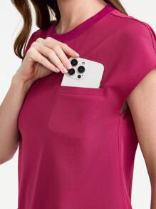 Scrubzie Women's Solid Color Round Neck Short Sleeve Pocket Casual /Nursing Scrub Top