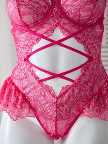 PetitDoll 1pc Plus Size Lace & Mesh Spliced Underwire Sexy Bodysuit - Hot Pink - View 3