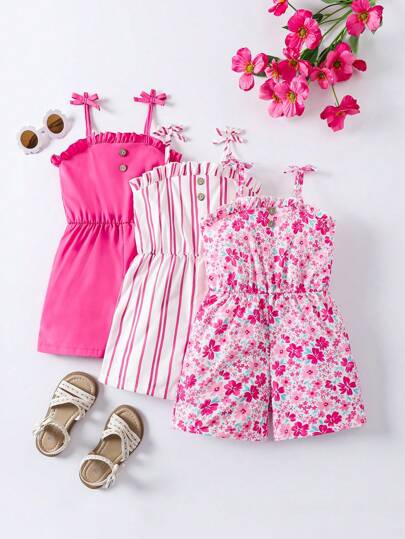 SHEIN Mono informal de verano para niña con detalles de volantes, botones y tirantes de espagueti