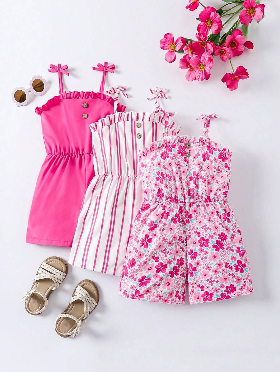 SHEIN 年轻女孩夏季休闲荷叶边纽扣装饰细肩带连体裤 - 玫紅色 - 查看 1