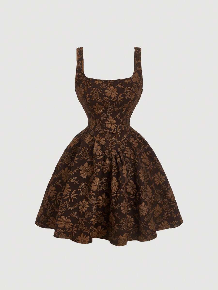 SHEIN MOD 棕色复古宫廷风提花女装夏季女装新娘伴娘服返校服新娘送礼会礼服 - 棕色 - 查看 1