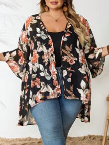 SHEIN CURVE+ Plus Size Women's Summer Lace Splice Black Casual Loose Long Arabic Robe, Vacation Bohemian Thin Cardigan Outerwear, Curve Plus, Boho Vacation - Black - View 6