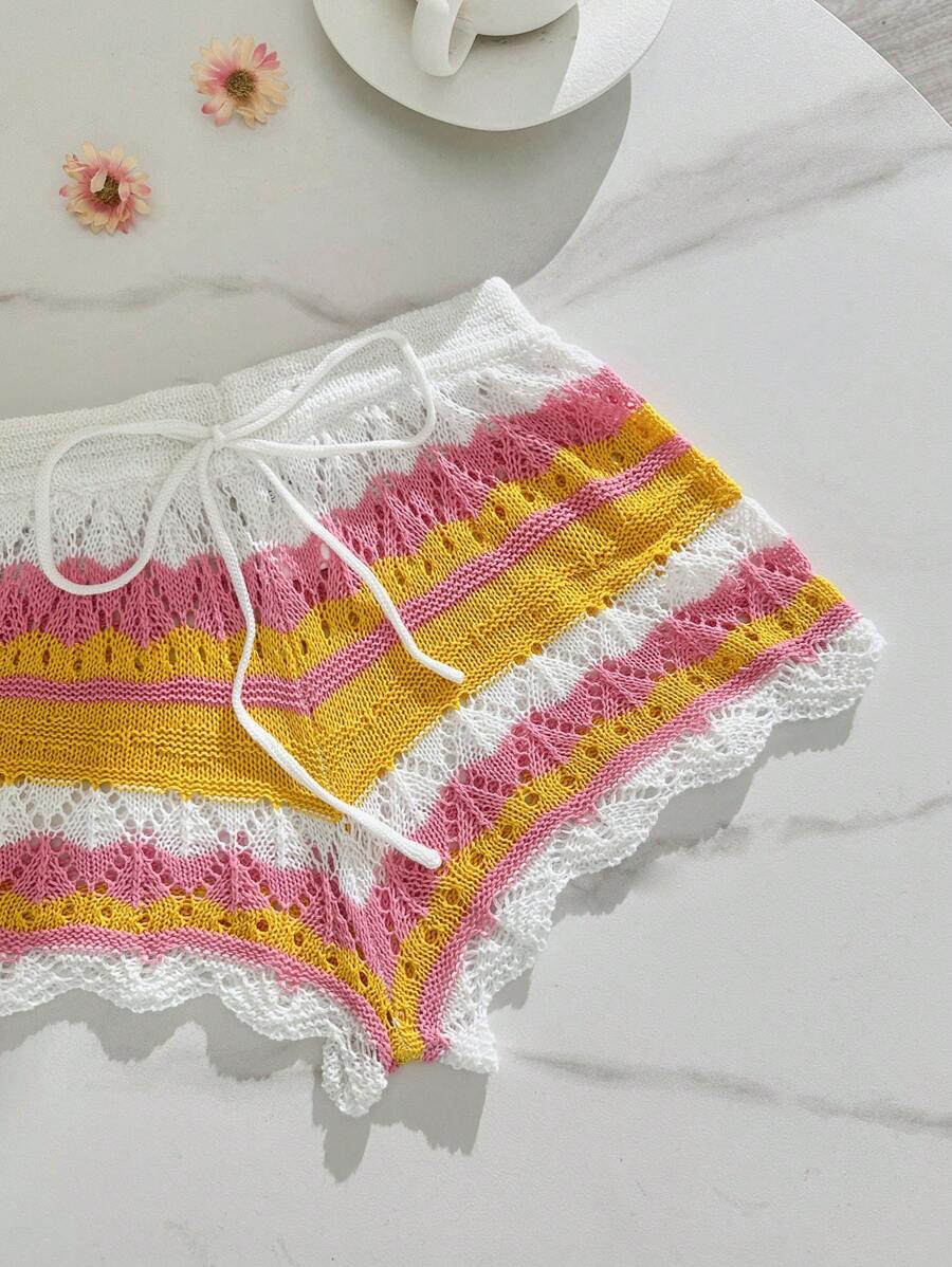 Sweetina Women Country Concert Striped Waist-Tie Beach Shorts - Multicolor - View 1