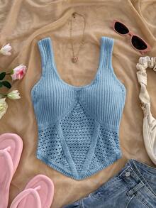 Soleia 全新优雅度假腰部设计针织无袖上衣 - 藍色 - 查看 3