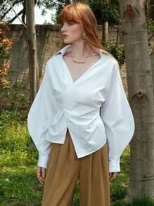 EMERY ROSE Women's Cotton Shirt Solid Color Waist Long Sleeve Blouse, Fashionable For Summer, Solid Color Cinching Waist Button Down Collared Long Sleeve Shirt, Casual Solid Color Drop Shoulder Loose Blouse,Draping Blouse,Lantern Sleeve Cotton Shirt,Summer Tops,Long Sleeve Top,Festival,Country Concert,Bohemia,Boho - White - View 12