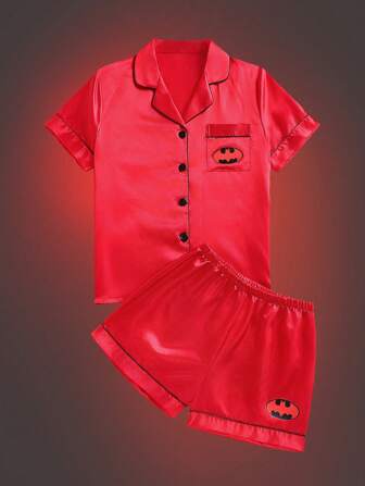 Batman X ROMWE Satin Turndown Collar Bat Print Short Sleeve Top And Shorts Casual Summer Pajama Set