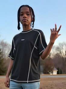 SHEIN Tween Boys Casual Short Sleeve T-Shirt, Sports Streetwear Punk Rock Preppy Style For Everyday, Parties, Music Festivals, Suitable For Spring/Summer - Black and White - View 1