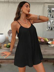 SHEIN VCAY 梭织半袖宽松女式连体衣，女式夏季服装，女式夏季服装 - 黑色 - 查看 8