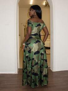 Women's Camouflage Off-Shoulder Dress - Army Green - View 2