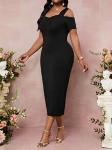 SHEIN Lady Đầm bodycon tay ngắn hở vai cỡ lớn cho nữ trang phục du ngoạn thanh lịch dành cho nữ, Đầm trang trọng dành cho nữ - màu đen - Xem 4