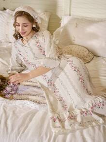 CottageSlumber Camisón largo de mujer con estampado floral romántico de cuello en V con volantes en el dobladillo, perfecto para el verano y las vacaciones