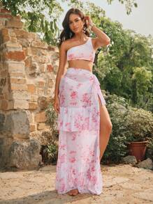 Anewsta Bộ bikini 3 mảnh họa tiết hoa bãi biển mùa hè cho nữ kèm áo hở lưng, quần và váy che thân - Nhiều màu - Xem 6