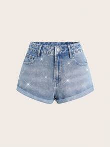 SHEIN Essnce Casual Rhinestone Embellished Denim Shorts, Summer Fashion - Light Wash - View 1