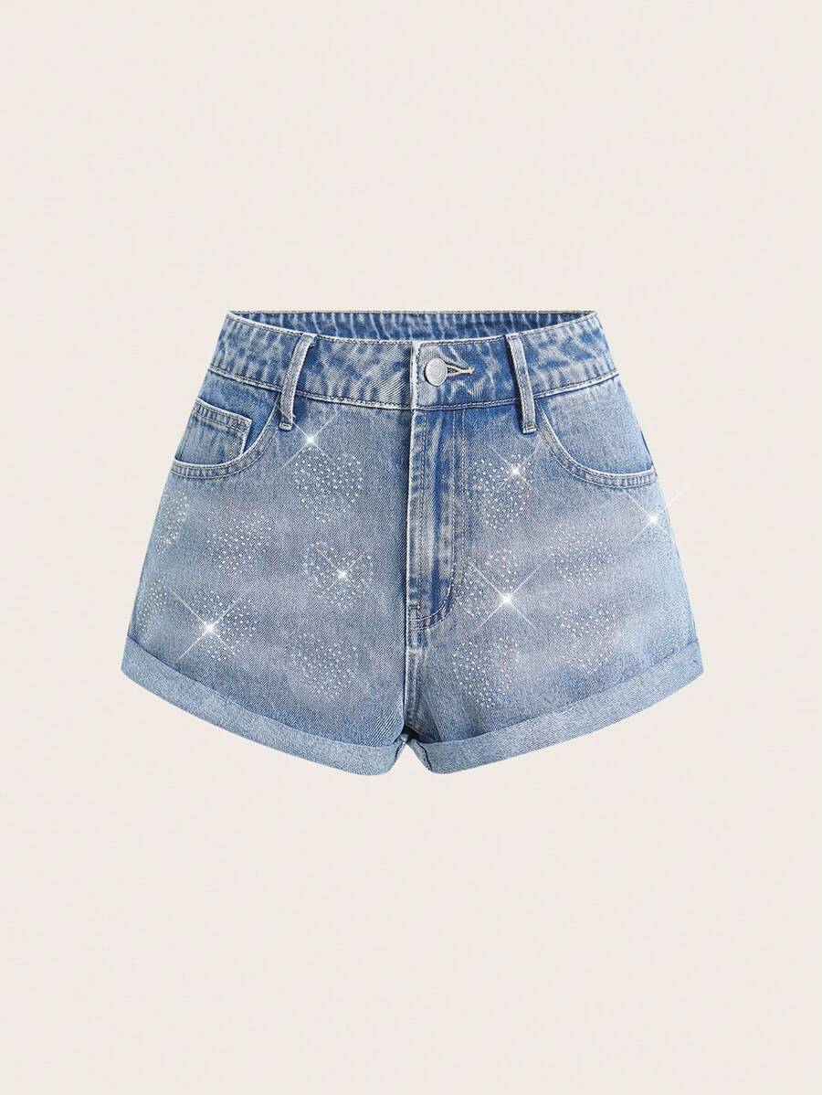 SHEIN Essnce Casual Rhinestone Embellished Denim Shorts, Summer Fashion - Light Wash - View 1