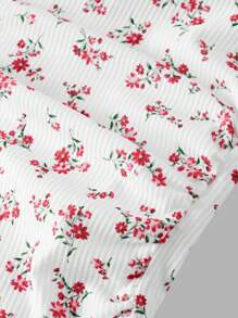 Tween Girls' Casual Resort Bow Decor Ditsy Ditsy Floral Slim Fit Side Ruched Halter Neck Knitted Rib Tank Top - Red - View 3