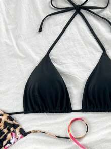 Swim Vcay New Style Leopard Print & Solid Halter Top With High Cut Bottoms Bikini Set Set, 2pcs For Summer Beach Vacation - Multicolor - View 5