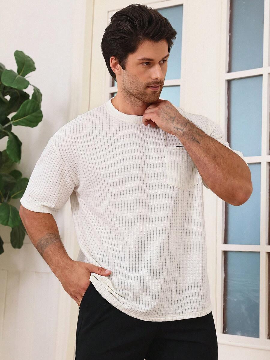 DAZY White Textured Fabric Floral Pattern Ribbon Men's T-Shirt, Summer - White - View 1