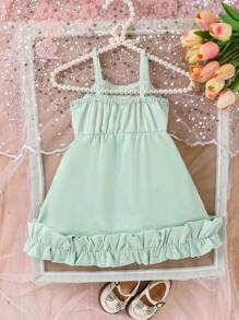 Baby Girls 2024 New Summer 2-Piece Outfit Pink Spaghetti Strap Dress With Bowknot Accent, Flared Hem Design For Elegant Look - Green - View 2